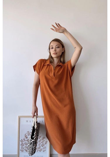 Kadın Kiremit Kısa Kol, Polo Yaka, Dokulu Desen, Basic Kalıp/kesim, Aerobin Rahat Midi Elbise Kiremit