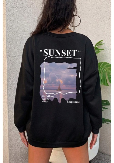 Unisex Sunset Baskılı Bisiklet Yaka Sweatshirt Siyah