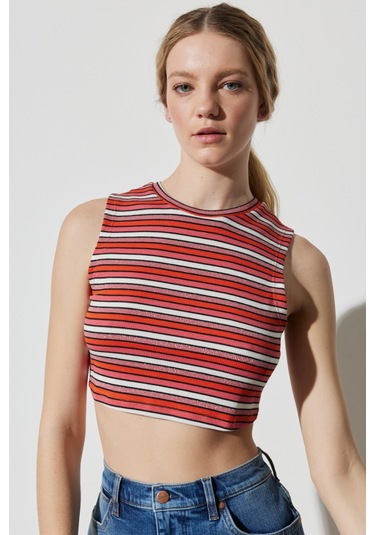 Regular Fit Normal Kesim Bisiklet Yaka Kolsuz Çizgili Crop Bluz Renkli