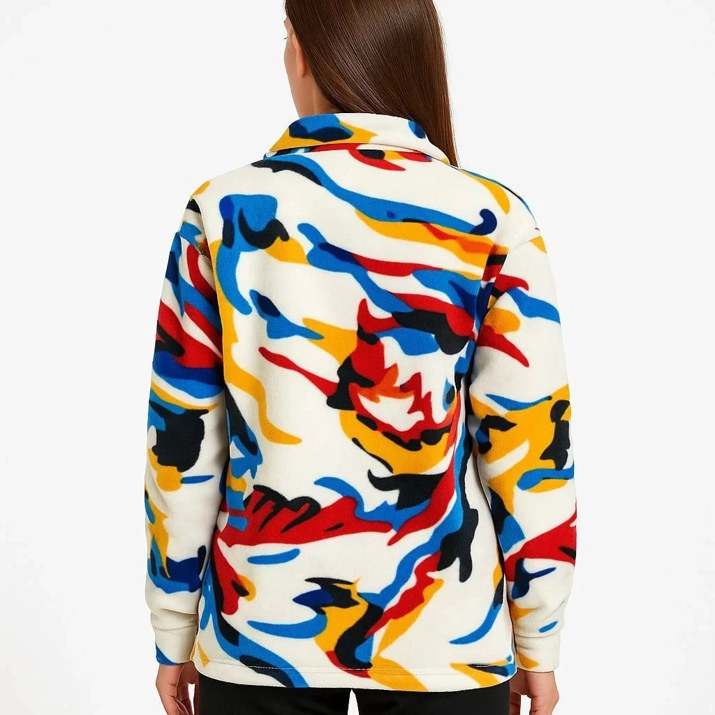 Kadın Yarım Fermuarlı Desenli Polar Sweat Renkli Abstract Desen Yakalı, Uzun Kollu, Oversize Rahat Beyaz