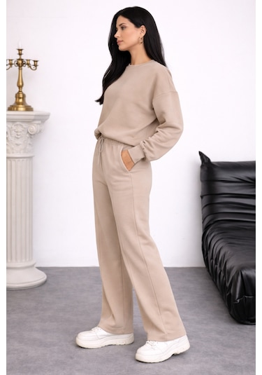 Balenbi Oversize Bisiklet Yaka Basic Modal Kadın Takım 1206 - Form Serisi Bej