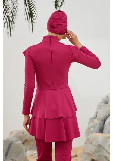 Likralı Tam Kapalı Tesettür Mayo Deniz Mayosu Fırfır Detaylı T223-46 Fuşya Fuşya