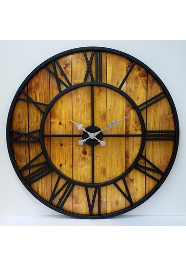 Otantik Ferforje Metal Ahşap Eskitme Duvar Saati 76Cm Ahşap