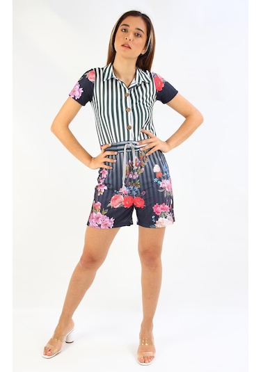 Alexandergardı Desenli Gömlek Yaka Şortlu Tulum B19-1510 001