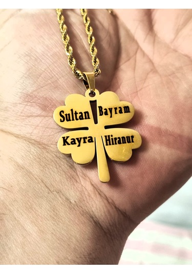 Yonca Model Aile Temalı Çelik Kolye Tasarım Kutulu Kişiye Özel Gold