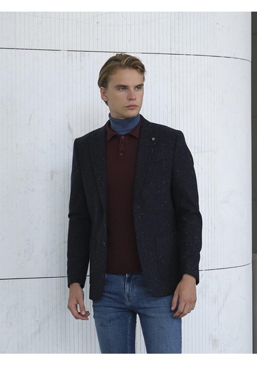 Erkek Yün Ceket Nopeli Mono Yaka Torba Cep Çift Yırtmaç Slim Fit Ceket Ncs Jeans 4003-Lacivert