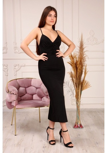 Aymeravm - Ip Askılı Önü Düğmeli Büzgülü Kadın Elbise - Knz14... (546711886)