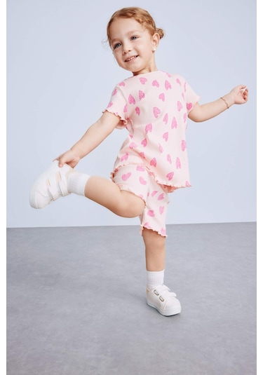 DeFacto Kız Bebek 2'li Takım Desenli Fitilli Kaşkorse Kısa Kollu Tişört Şort E0724A525SMPN127