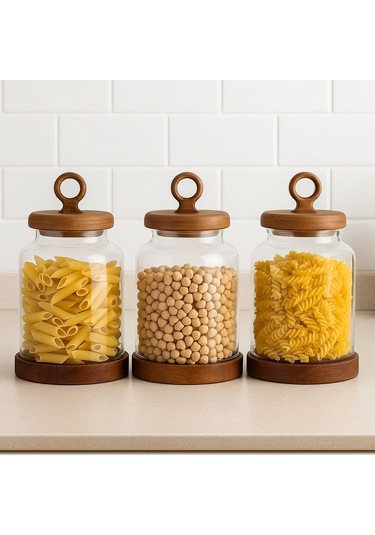 Qerhome 3'lü Borosilikat Cam Akasya Kapaklı Erzak Baharat Kavanozu 1100 Ml Şeffaf