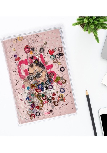 Simli Ve Sulu Kapaklı Renkli Sayfalı Desenli Mini Defter Koyu Pembe