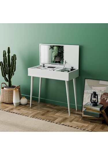 2220 Flora Düşer Kapaklı Aynalı Ahşap Ayaklı 80 Cm Makyaj Masası