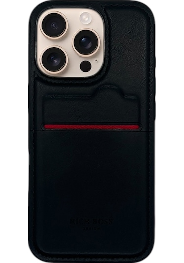 Apple Uyumlu iPhone 16 Pro Kartlıklı Rich Boss Lüx Deri Kılıf Siyah