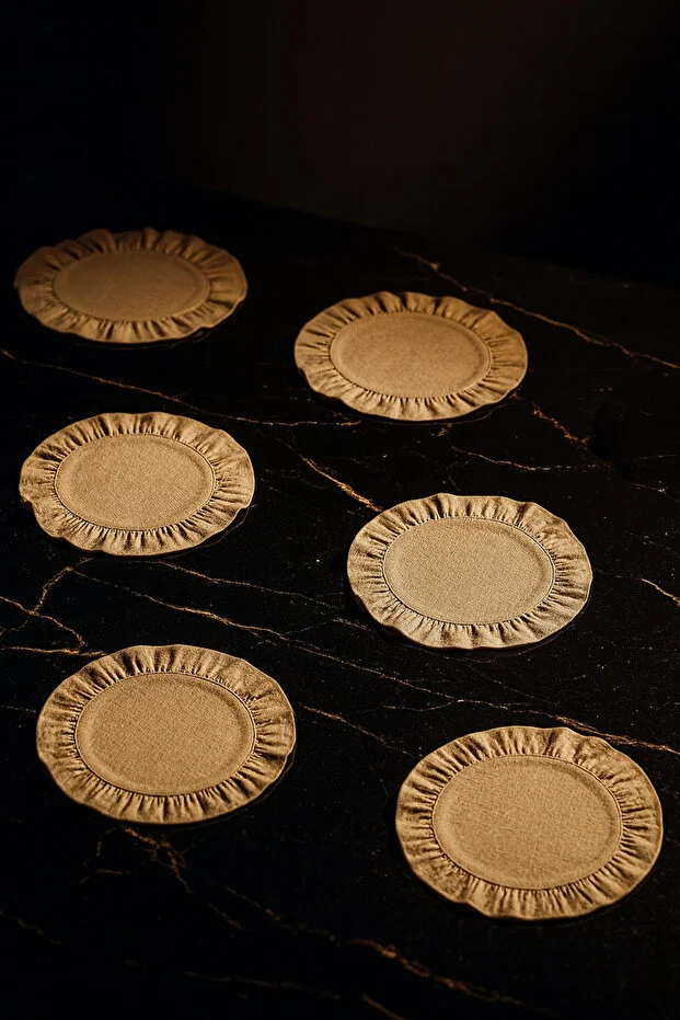 Yunusoğlu Home Pamuklu Fırfırlı Supla 6'lı Set Amerikan Servis 33 Cm Çap Supla 6'lı Bej