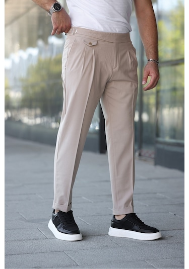 Kuşaklı Pileli Kemer Detaylı Old Money Kumaş Pantolon Krem