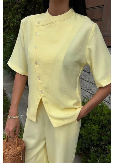 Sensuelle Hakim Yaka Çapraz Düğmeli Plazzo Pantolon Viscon Keten Takım 10209 Altın