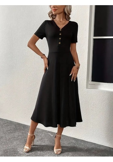 Kadın Kısa Kollu V Yakalı Önden Düğmeli Yırtmaçlı Midi Viskon Elbise Siyah