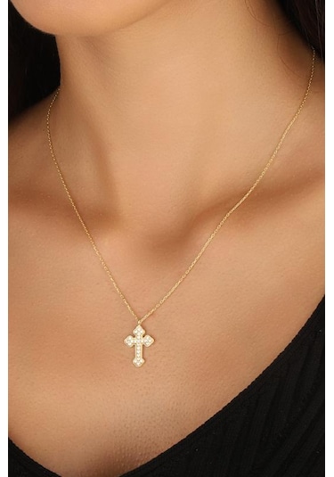 Beyaz Taşlı Gümüş Haç Kolye Iı Rose Gold