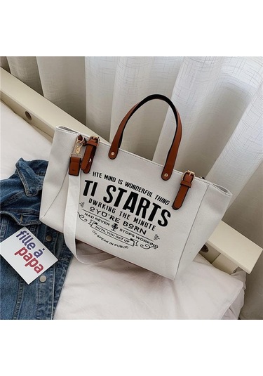 Beyaz Yogodlns Kadın Tote Çanta Moda Mektup Büyük Kapasiteli Kanvas Omuz Çantası Rahat Büyük Çanta Beyaz