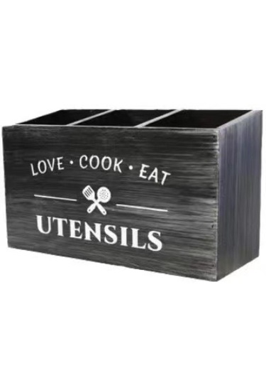 Üç Bölmeli Ahşap Mutfak Eşyası Saklama Kutusu-siyah