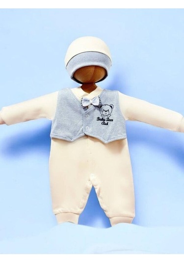 Erkek Bebek Ayıcıklı Papyon Detaylı Tulum-15299 Bej