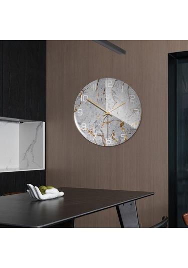 Suntek Mermer Dokulu Yuvarlak Pille Çalışan Ofis İçin İskandinav Tarzı Duvar Saati Gri