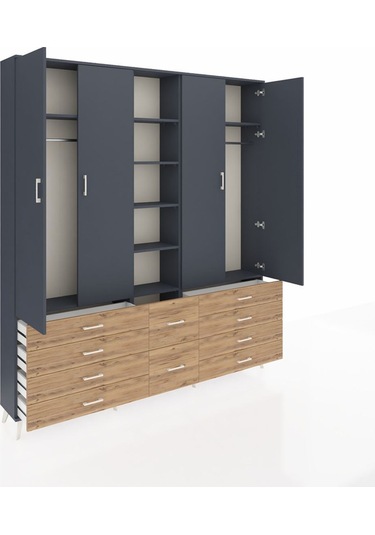 Arges Dolap 9 Raflı 10 Çekmeceli 2 Askılı 220x30x243 Antrasit-antrasit/çam Antrasıt/atlas Çam