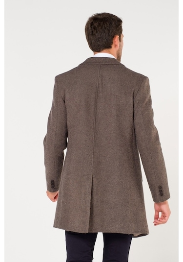Slimfit V Yaka Kışlık Kırçıllı Kahverengi Kaban Palto-Kahverengi