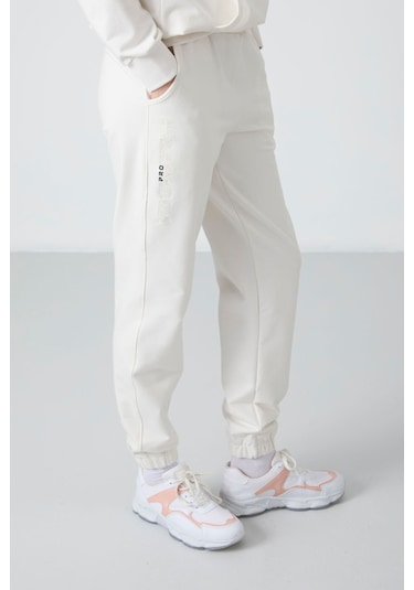 Tommy Life Ekru Kapüşonlu Kanguru Cep Oversize Lastik Paça Kadın Eşofman Takımı - 95288 Ekru
