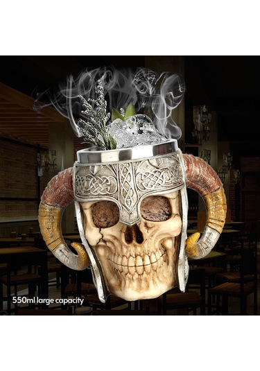 Ranyeek Kemik Kafa Desenli 550ml Büyük Bardak, 304 Paslanmaz Çelik + Reçine, İki Kollü, Ofis/ev/bar/restoran Kullanıma Uygun Çok Renkli