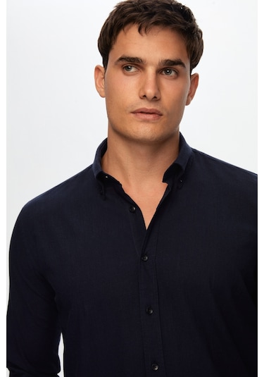 D'S Damat Ds Damat Slim Fit Lacivert Düğmeli Yaka %100 Pamuk Yazlık Flamlı Keten Görünümlü Gömlek 6HC02ORT63265 Lacivert