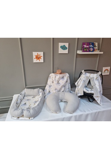 5'li Babynest Seti - Pike Kumaş Tavşan Gri Kombini
