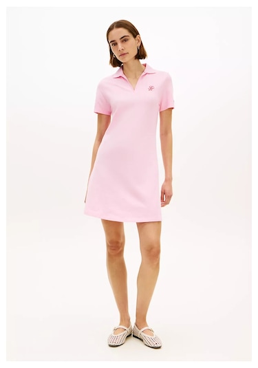 Kadın Normal Kalıp Polo Yaka Logo İşlemeli Kısa Kollu Pembe Elbise Pembe
