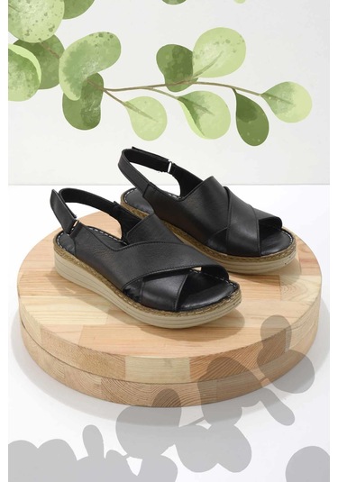 Siyah Hakiki Deri Kadın Sandalet K05281203003 Siyah