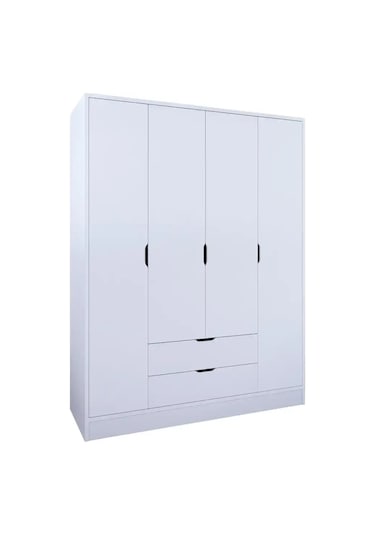 140 Cm Mat Beyaz 4 Kapılı 2 Çekmeceli Elbise Dolabı - Gardırop Beyaz