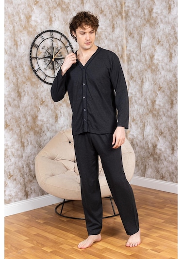 Erkek Boydan Düğmeli Yüksel Kalite Pamuk Pijama Takımı 16511 Antrasit