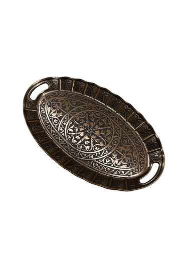 Eskitme Bakır Renkli İşlemeli Sunum Tepsisi 22cm X 36cm 709760