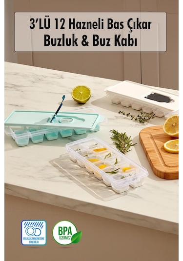 3 Lü Set 12 Hazneli Bas Çıkar Buzluk & Buz Kabı Çok Renkli