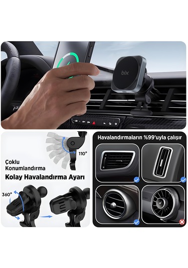 Bix Bxch10 15w Kablosuz Şarj Destekli Araç İçi Telefon Tutucu Gri
