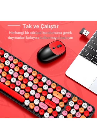 Coofbe 105 Retro Tuşlu 2.4gh Kablosuz Bluetooth Klavye Mouse Seti Retro Kablosuz Klavye Mouse Set