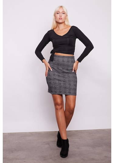 Kışlık Yünlü Kumaş Yüksek Bel Diz Üstü Kalem Etek -Antrasit Çizgi