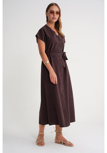 4721 Kadın V Yaka Düğme Detaylı Keten Elbise Kahve Kahve