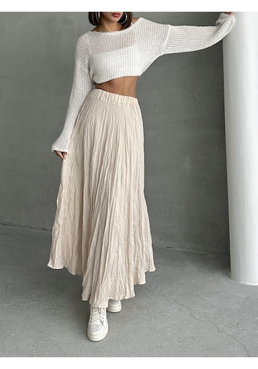 Kadın Buruşuk Modal Dokulu Soft Uzun Etek Ekru
