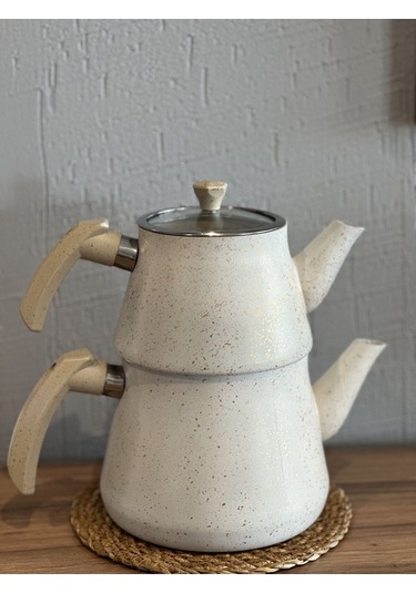 Yunusoğlu Home Granit Kaplama Pramit Cam Kapaklı Çaydanlık Krem Krem