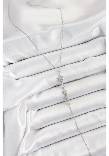 Pirinç Zirkon Taşlı Sıralı Yıldız Figürlü Y Model Gümüş Renk Kadın Kolye Çok Renkli