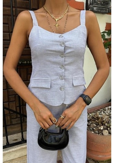 The İstanbul Kalın Askılı Bluz Pantolon Keten Takım 10187 Gri