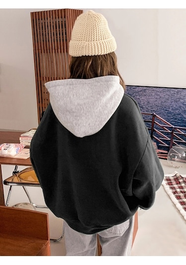 Kadın Siyah Suppose Baskılı Oversize Sweatshirt Siyah