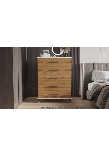 Şifonyer Beş Çekmeceli Parlak Beyaz+ud Beyaz - Ud