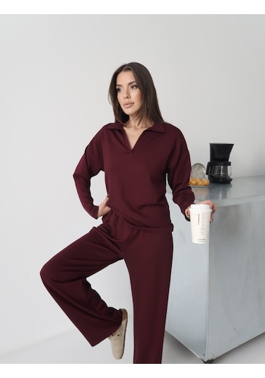 Paw Garage Kadın Lora Modal Polo Yaka Alt-üst Takım Bordo