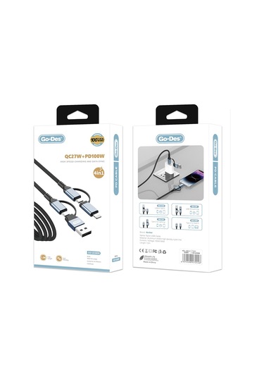 Go Des Gd-uc809 4in1 Pd Çoklu Usb-a + Type-c To Type-c + Lightning Şarj Kablosu 100w 120cm Siyah
