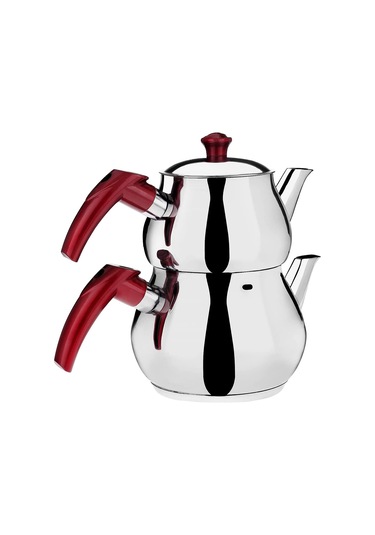 Hünkar Orta Boy Kaliteli Çelik Çaydanlık Çelik - Kırmızı